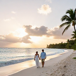 Caribbean Holidays, September Honeymoons, A newlywed couple walking along a quiet white-sand beach in Antigua at sunset, calm turquoise sea and palm trees