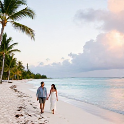 Caribbean Holidays, September Honeymoons, A newlywed couple walking along a quiet white-sand beach in Turks and Caicos at sunset, with calm turquoise sea and palm trees