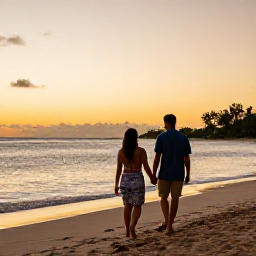 Caribbean Holidays, September Honeymoons, A relaxed newlywed couple walking hand in hand along a quiet Barbados beach at sunset, warm Caribbean light and calm sea
