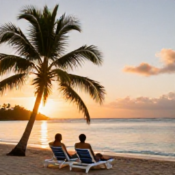 Caribbean Holidays, September Honeymoons, A romantic Caribbean beach on Saint Kitts at sunset, with calm turquoise water, palm trees and two lounge chairs for honeymooners