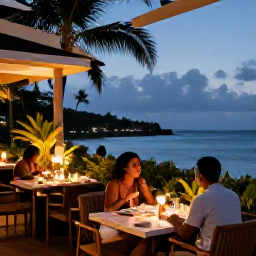 Caribbean Holidays, September Honeymoons, An intimate Caribbean restaurant terrace on Nevis at evening, with candles, tropical plants and a couple dining beside the sea