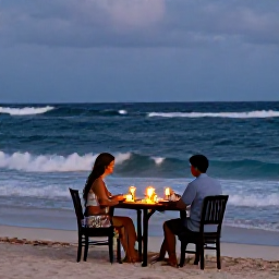Caribbean Holidays, September Honeymoons, Couple dining at a candlelit table on a Jamaican beach in the evening, gentle waves and soft lantern light