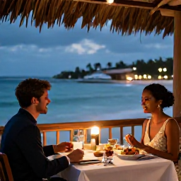 Caribbean Holidays, September Honeymoons, Couple dining at a candlelit waterfront restaurant in Antigua, local seafood, elegant but relaxed Caribbean setting