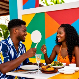 Caribbean Holidays, September Honeymoons, Couple dining at a colourful outdoor restaurant in Trinidad with local Caribbean dishes
