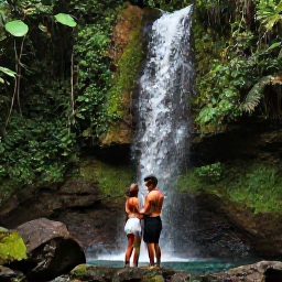 Caribbean Holidays, September Honeymoons, Couple exploring a lush tropical waterfall and green mountain scenery near Samana, Dominican Republic