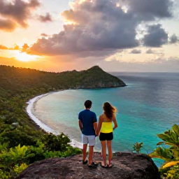 Caribbean Holidays, September Honeymoons, Couple looking out over Antigua's turquoise coastline from a scenic viewpoint, tropical hills and dramatic sunset sky