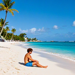 Caribbean Holidays, September Honeymoons, Couple relaxing on a secluded sandy beach with turquoise water and palm trees in Saint Martin