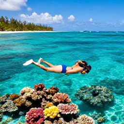 Caribbean Holidays, September Honeymoons, Couple snorkelling in clear Caribbean water above a colourful coral reef, tropical island shoreline in the background