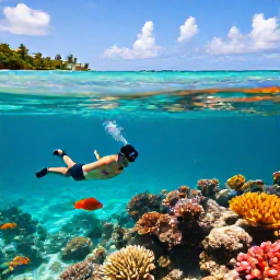 Caribbean Holidays, September Honeymoons, Couple snorkelling over colourful coral reef in clear Bahamian water, tropical fish, bright sunlight and peaceful island scenery
