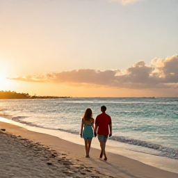 Caribbean Holidays, September Honeymoons, Couple walking hand in hand along a quiet Caribbean beach at sunset in September, warm light and calm turquoise sea
