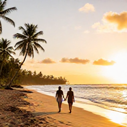 Caribbean Holidays, September Honeymoons, Couple walking hand in hand along a quiet golden beach in Grenada at sunset, Caribbean sea and palm trees