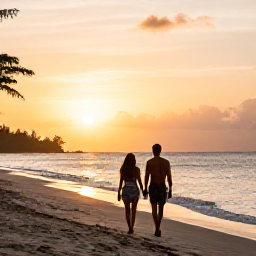 Caribbean Holidays, September Honeymoons, Couple walking hand in hand along a quiet Trinidad and Tobago beach at sunset in September