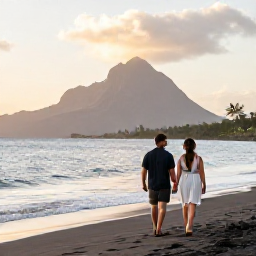 Caribbean Holidays, September Honeymoons, Couple walking hand in hand along a quiet volcanic beach in Montserrat at sunset, relaxed Caribbean honeymoon atmosphere