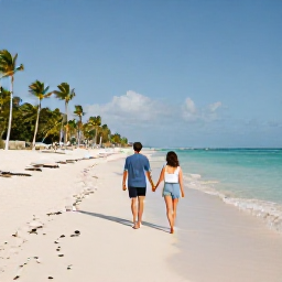 Caribbean Holidays, September Honeymoons, Couple walking hand in hand along a quiet white-sand beach in Punta Cana, Dominican Republic, with calm turquoise water and palm trees