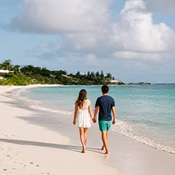 Caribbean Holidays, September Honeymoons, Couple walking hand in hand along a quiet white-sand beach in St Thomas, United States Virgin Islands, warm September light, turquoise sea