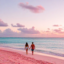 Caribbean Holidays, September Honeymoons, Couple walking hand in hand along Bermuda's famous pink-sand beach at sunset, pastel sky and calm Atlantic Ocean