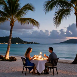 Caribbean Holidays, September Honeymoons, Elegant beachfront dinner for two in the US Virgin Islands at dusk, soft lights, palm trees and calm Caribbean sea