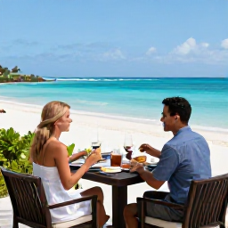 Caribbean Holidays, September Honeymoons, Elegant beachfront Jamaican resort with a couple enjoying breakfast on a private terrace overlooking turquoise sea