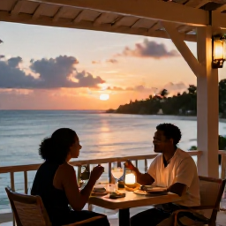 Caribbean Holidays, September Honeymoons, Elegant seaside restaurant in St George's, Grenada, with a honeymoon couple enjoying dinner at sunset