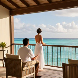 Caribbean Holidays, September Honeymoons, Happy newlywed couple on a quiet Bahamian resort balcony overlooking turquoise sea, comfortable tropical setting and soft morning light