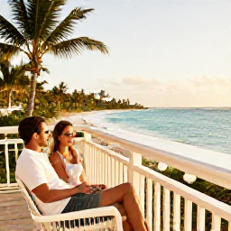 Caribbean Holidays, September Honeymoons, Happy newlywed couple relaxing on a luxurious balcony overlooking a tropical Dominican Republic beach at golden hour