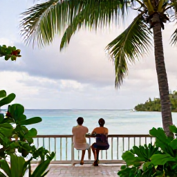 Caribbean Holidays, September Honeymoons, Honeymoon couple on a quiet Grenada balcony overlooking the Caribbean Sea, soft tropical light and lush greenery