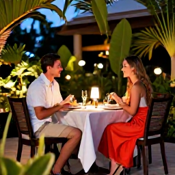Caribbean Holidays, September Honeymoons, Newlywed couple dining outdoors at a stylish Barbados restaurant, tropical garden setting and softly lit table