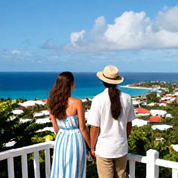 Caribbean Holidays, September Honeymoons, Newlywed couple exploring a tropical island viewpoint overlooking Saint Martin and Sint Maarten