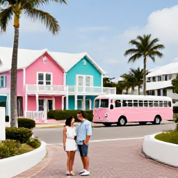 Caribbean Holidays, September Honeymoons, Newlywed couple exploring Hamilton, Bermuda, with colourful buildings, palm trees and a pastel pink bus in the background