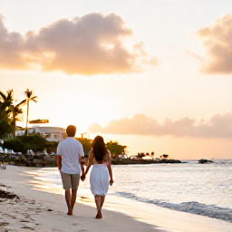 Caribbean Holidays, September Honeymoons, Newlywed couple walking hand in hand along a quiet Caribbean beach at sunset on Saint Martin