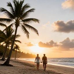 Caribbean Holidays, September Honeymoons, Newlywed couple walking hand in hand along a quiet Jamaican beach at sunset, palm trees and warm Caribbean light