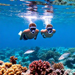 Caribbean Holidays, September Honeymoons, Newlyweds snorkelling above a colourful coral reef in clear Caribbean water near Turks and Caicos