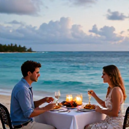 Caribbean Holidays, September Honeymoons, Romantic Bahamian resort dinner for two beside the sea, candlelit table, fresh seafood and gentle evening light