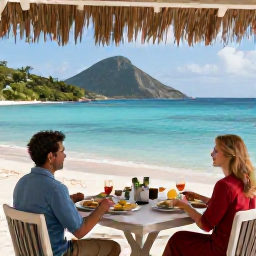 Caribbean Holidays, September Honeymoons, Romantic beachfront breakfast for two on a shaded terrace overlooking calm turquoise water in the US Virgin Islands