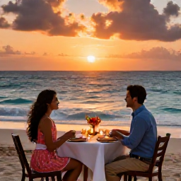 Caribbean Holidays, September Honeymoons, Romantic beachfront dinner for two at sunset in the Dominican Republic, with candles, tropical flowers and the sea in the background