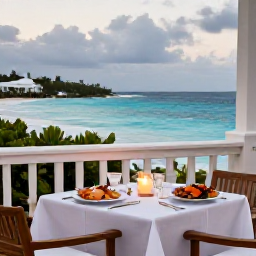 Caribbean Holidays, September Honeymoons, Romantic Bermuda restaurant terrace overlooking the sea, candlelit table for two and fresh local seafood
