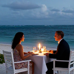 Caribbean Holidays, September Honeymoons, Romantic candlelit dinner for two on a beachfront terrace in Turks and Caicos, with the sea in the background