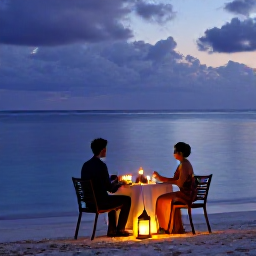 Caribbean Holidays, September Honeymoons, Romantic candlelit dinner for two on a Caribbean beach, lanterns glowing beside the table and calm sea at dusk