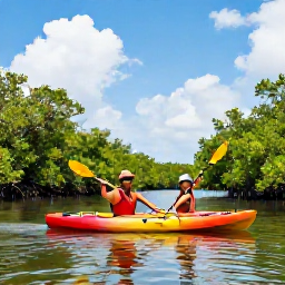 Caribbean Holidays, September Honeymoons, Romantic couple kayaking through calm mangrove-lined lagoon in Tobago during a tropical holiday