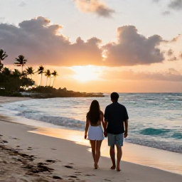 Caribbean Holidays, September Honeymoons, Romantic couple walking barefoot along a secluded Bahamian beach at sunset, soft golden light, turquoise water and palm silhouettes