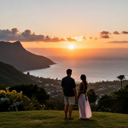 Caribbean Holidays, September Honeymoons, Romantic hillside accommodation in Montserrat with a couple enjoying a sunset view over the Caribbean Sea