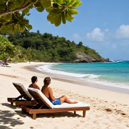 Caribbean Holidays, September Honeymoons, Romantic secluded beach in Antigua with two sun loungers, gentle waves, tropical greenery and a couple enjoying the view