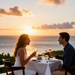 Caribbean Holidays, September Honeymoons, Romantic sunset dinner for two on a Martinique hotel terrace overlooking the Caribbean Sea