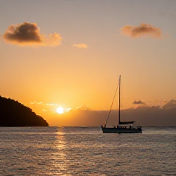 Caribbean Holidays, September Honeymoons, Romantic sunset sailing trip for two off the coast of the United States Virgin Islands, golden sky and calm sea