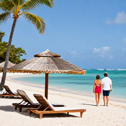 Caribbean Holidays, September Honeymoons, Tropical Martinique beach with calm blue sea, shaded sun loungers and a honeymoon couple walking beside the water