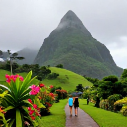 Caribbean Holidays, September Honeymoons, Tropical Saint Lucia landscape after a light rain, with lush green hills, colourful flowers and a couple exploring a scenic path