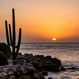 Caribbean Holidays, September in Cura&ccedil;ao, A peaceful Cura&ccedil;ao sunset over the sea with a rocky shoreline, silhouetted cacti and warm orange light