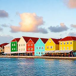 Caribbean Holidays, September in Cura&ccedil;ao, Colourful Willemstad waterfront in Cura&ccedil;ao at sunset with pastel buildings, blue water and people enjoying an outdoor caf&eacute;