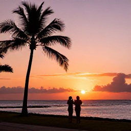 Caribbean Holidays, September Instagram Hotspots, A Caribbean sunset over calm sea with warm orange and pink colours, silhouetted palm trees and a couple taking photographs