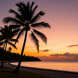 Caribbean Holidays, September Instagram Hotspots, A colourful sunset over Trinidad and Tobago, with silhouettes of palm trees, calm sea and warm orange and pink evening skies